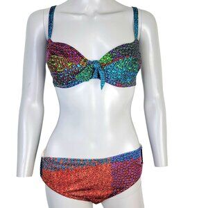 Vintage 60s Bikini Swim Set Women Small 34 B Colorful Mod Floral Swimsuit Top Bo